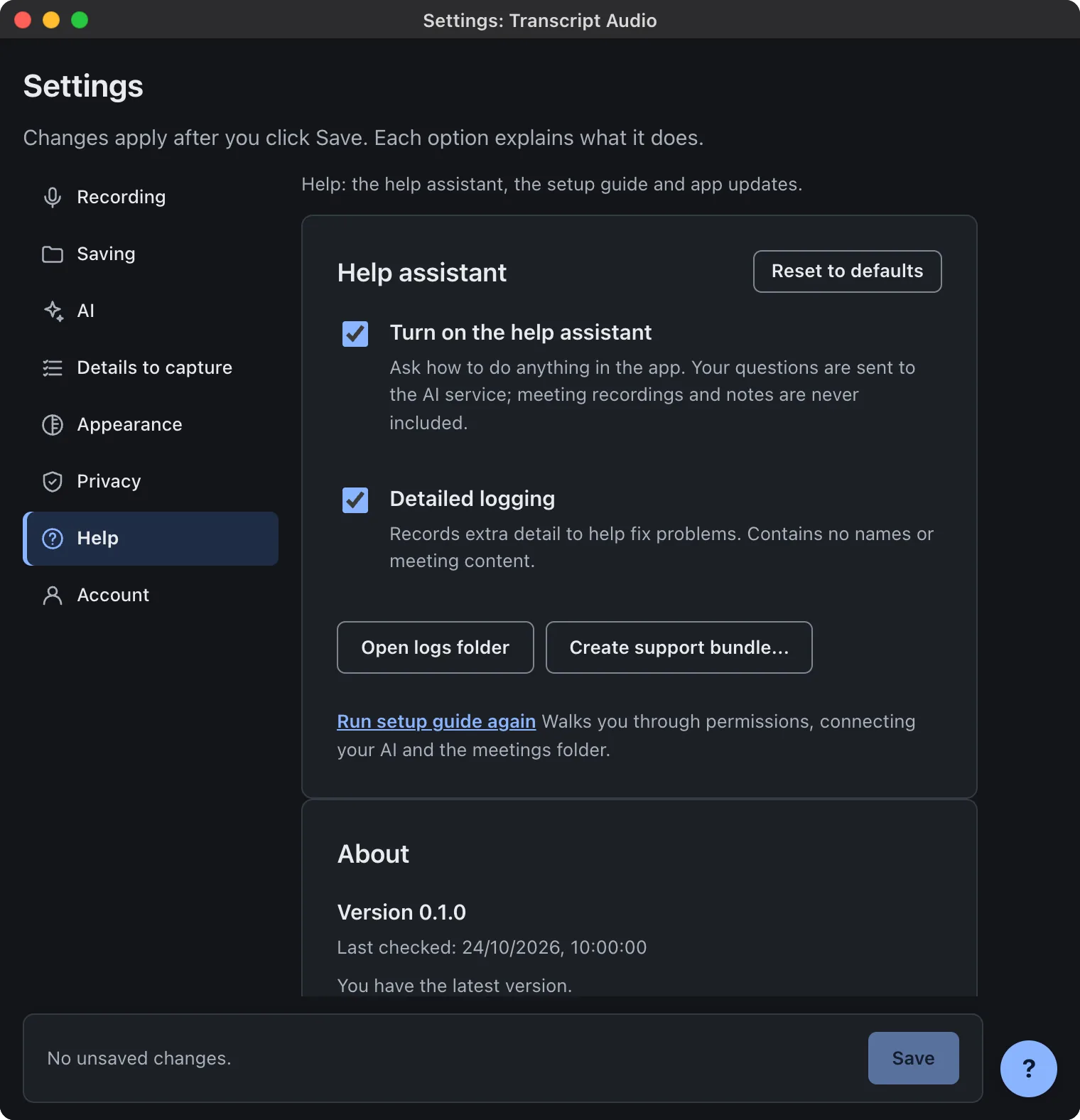 Transcript Audio Settings, Help tab: the help assistant, Detailed logging, the Open logs folder and Create support bundle buttons, Run setup guide again, and About with the version.