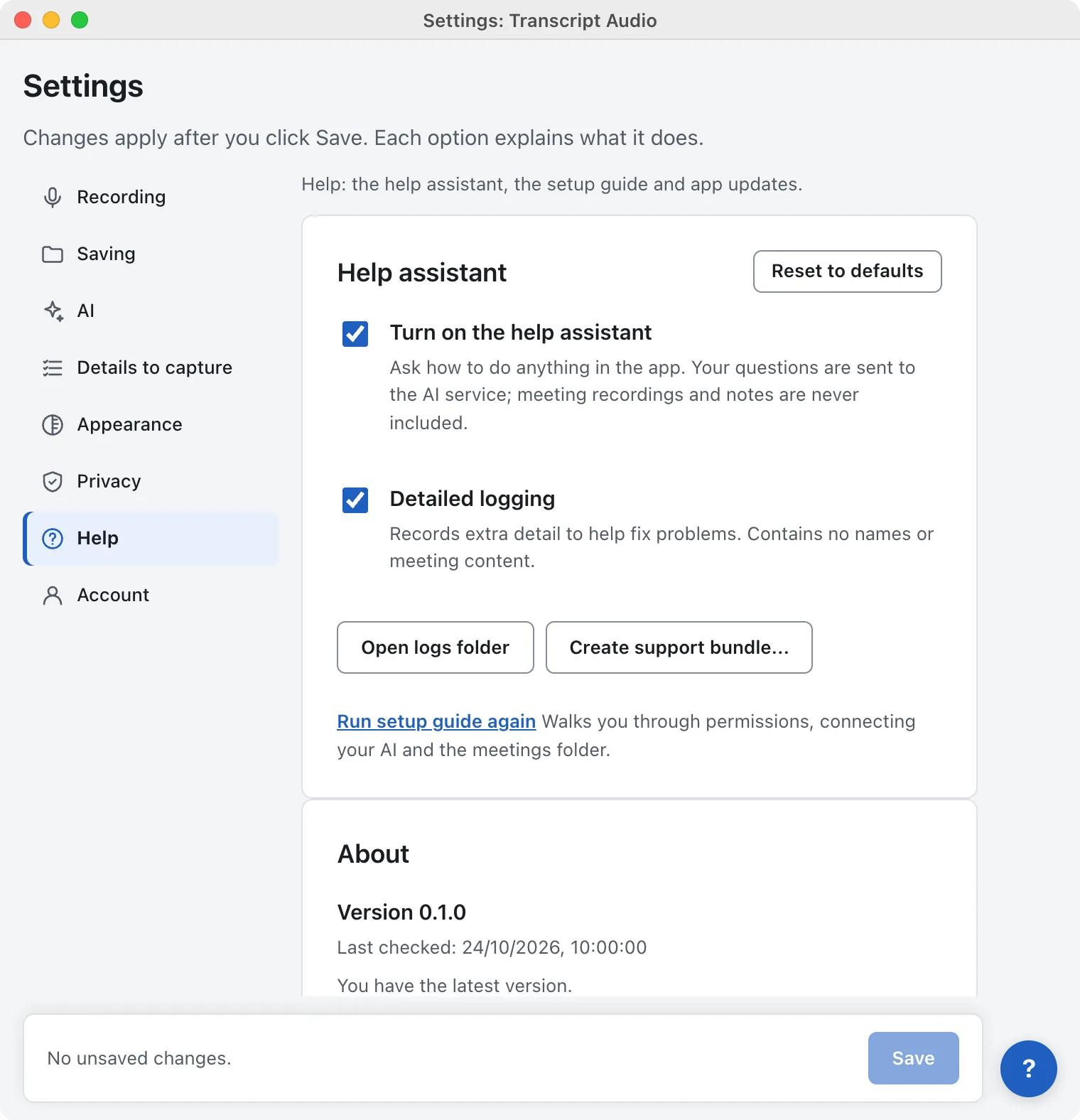 Transcript Audio Settings, Help tab: the help assistant, Detailed logging, the Open logs folder and Create support bundle buttons, Run setup guide again, and About with the version.