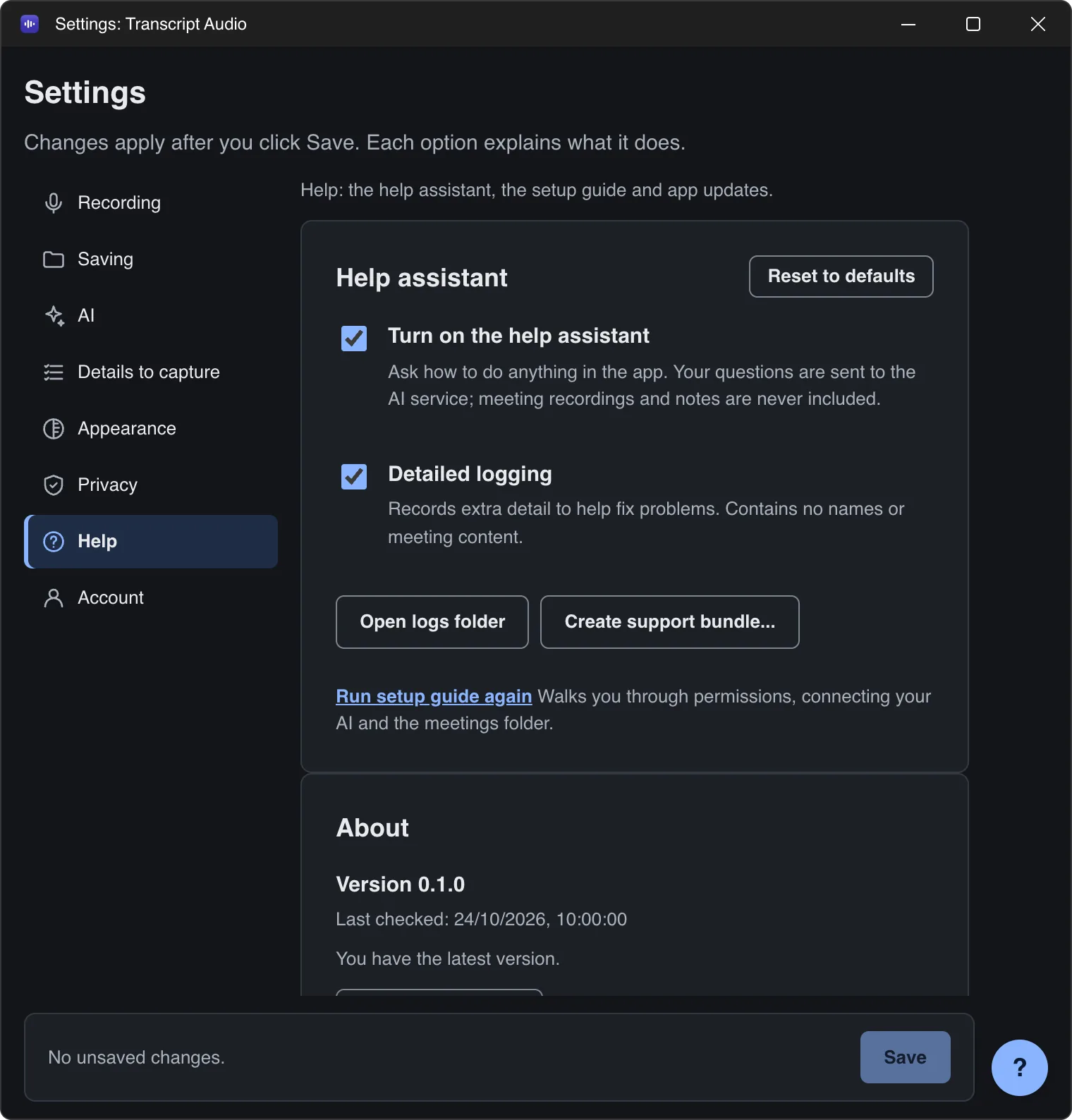 Transcript Audio Settings, Help tab: the help assistant, Detailed logging, the Open logs folder and Create support bundle buttons, Run setup guide again, and About with the version.