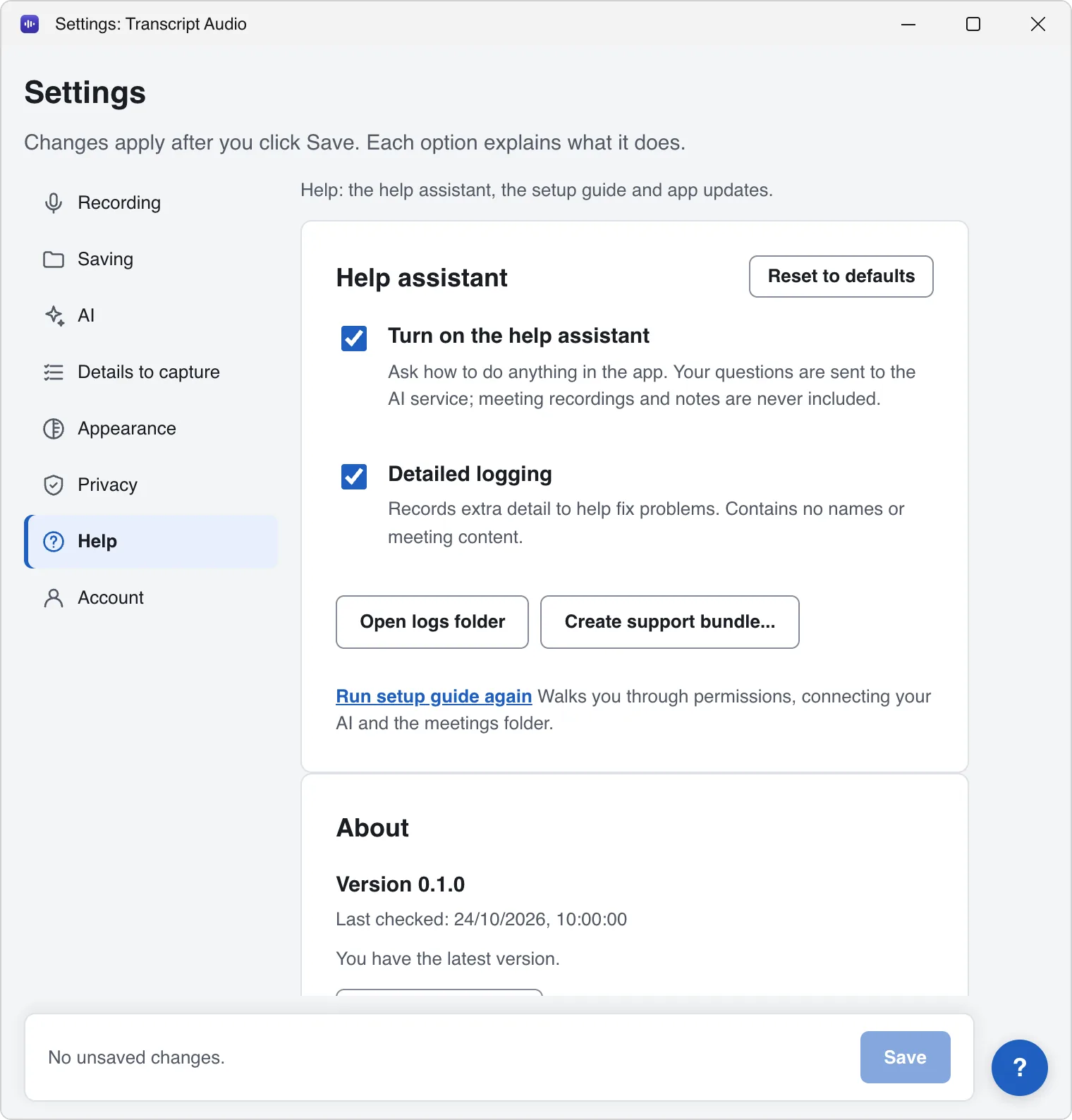 Transcript Audio Settings, Help tab: the help assistant, Detailed logging, the Open logs folder and Create support bundle buttons, Run setup guide again, and About with the version.