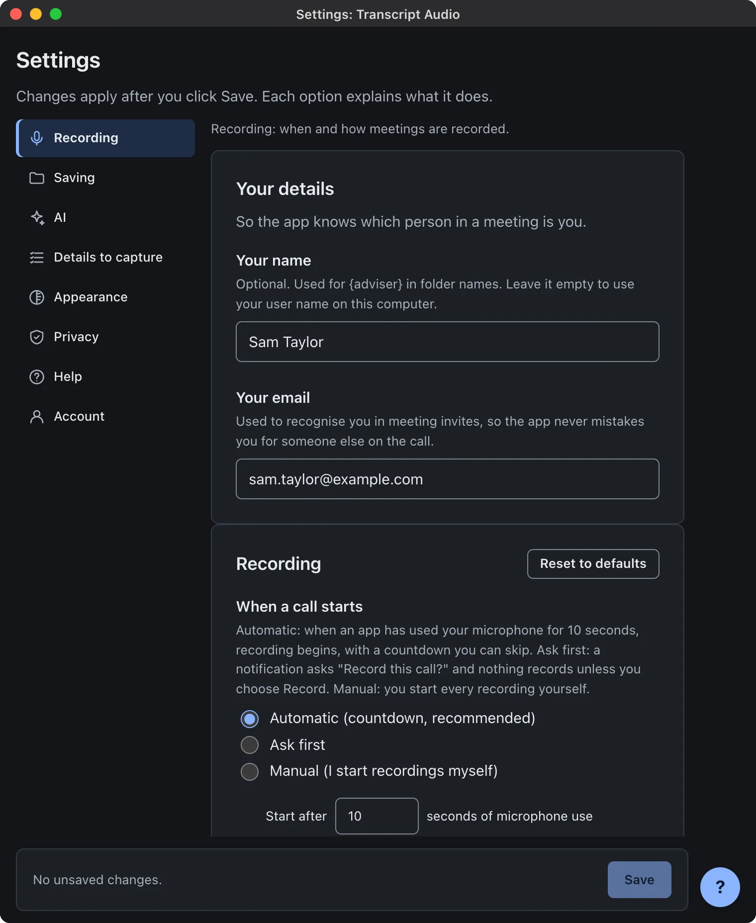 Transcript Audio Settings, Recording tab: Your details (name and email), then Recording, with When a call starts set to Automatic (countdown, recommended), Ask first or Manual, and Start after 10 seconds of microphone use.