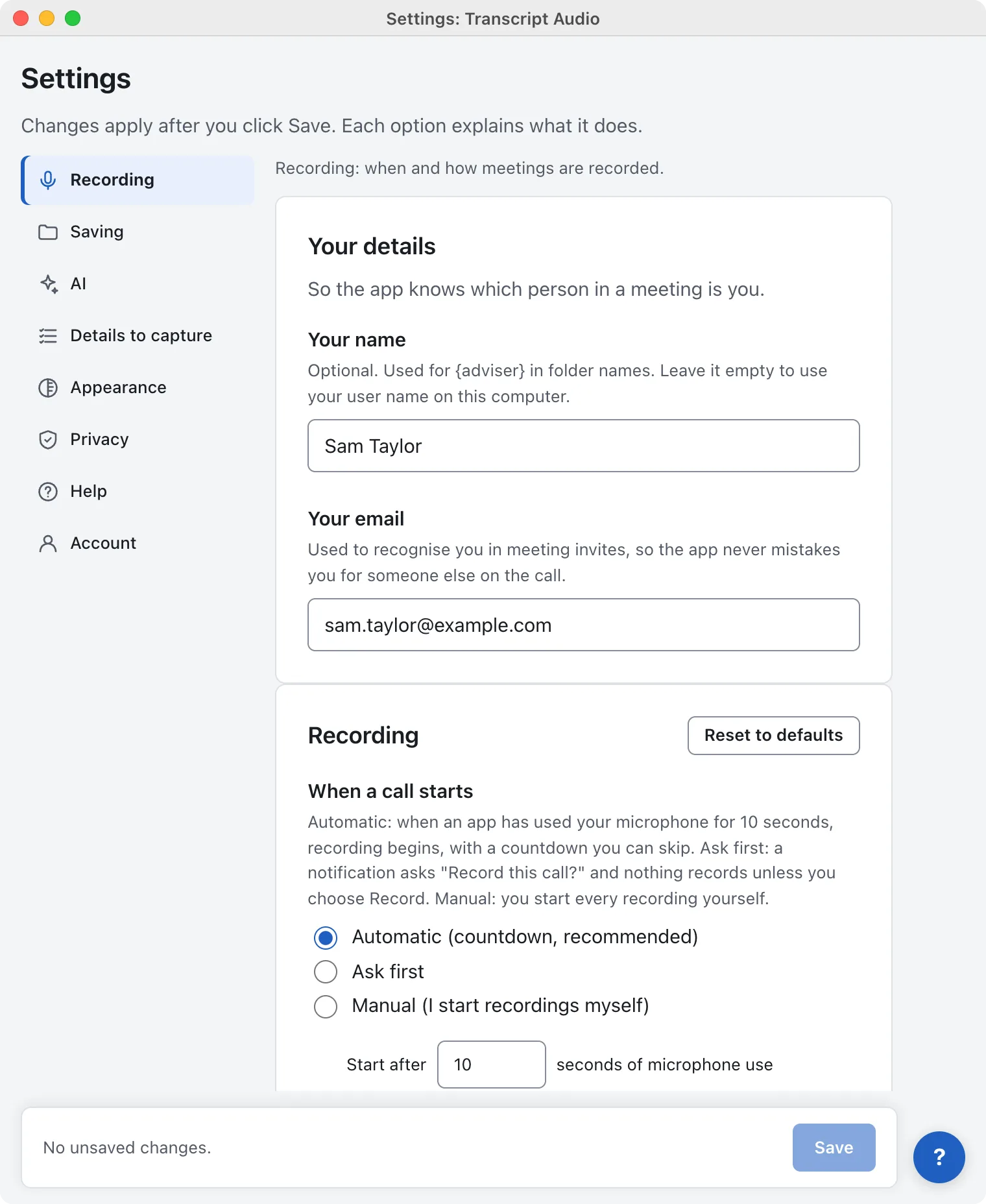 Transcript Audio Settings, Recording tab: Your details (name and email), then Recording, with When a call starts set to Automatic (countdown, recommended), Ask first or Manual, and Start after 10 seconds of microphone use.