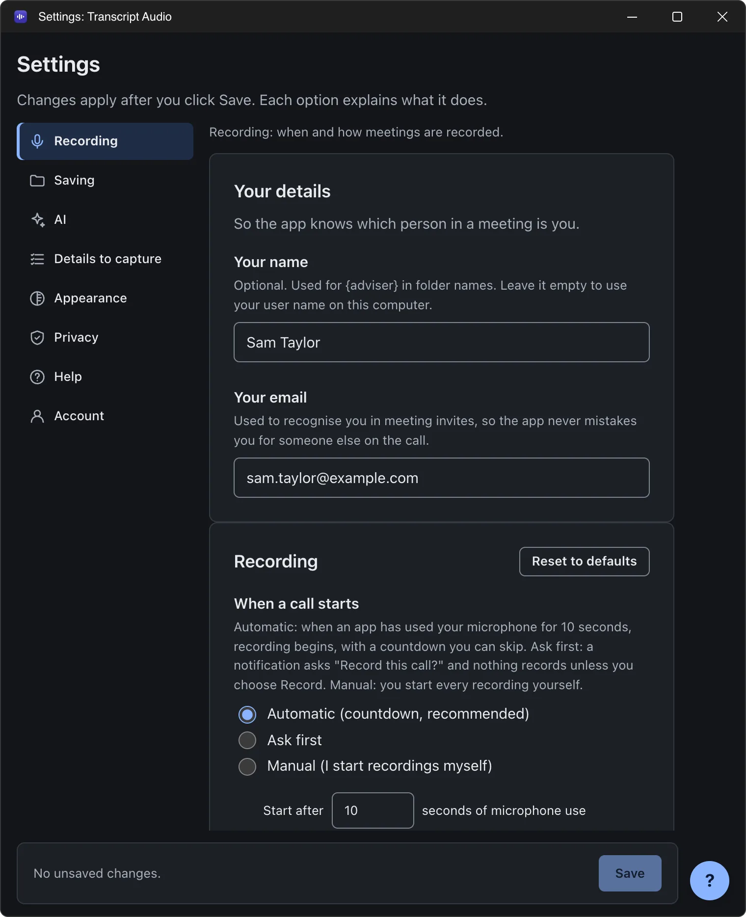 Transcript Audio Settings, Recording tab: Your details (name and email), then Recording, with When a call starts set to Automatic (countdown, recommended), Ask first or Manual, and Start after 10 seconds of microphone use.