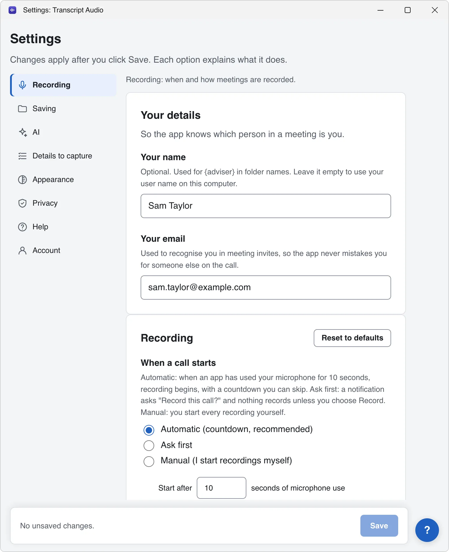 Transcript Audio Settings, Recording tab: Your details (name and email), then Recording, with When a call starts set to Automatic (countdown, recommended), Ask first or Manual, and Start after 10 seconds of microphone use.
