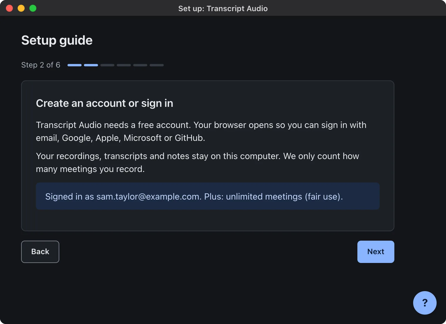 Setup guide step 2 of 6, "Create an account or sign in", after signing in: a box says "Signed in as" with the email address and the plan.