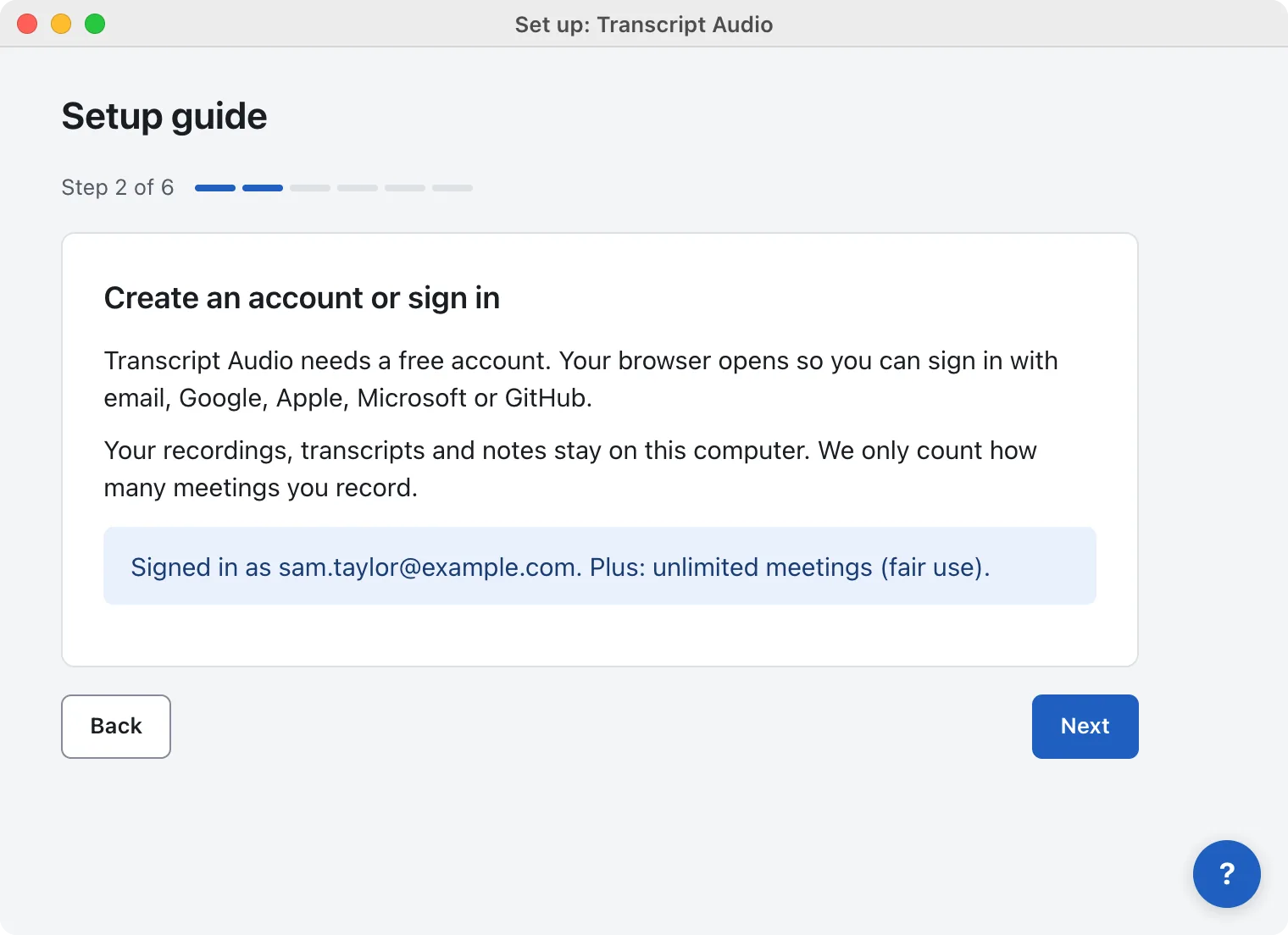 Setup guide step 2 of 6, "Create an account or sign in", after signing in: a box says "Signed in as" with the email address and the plan.