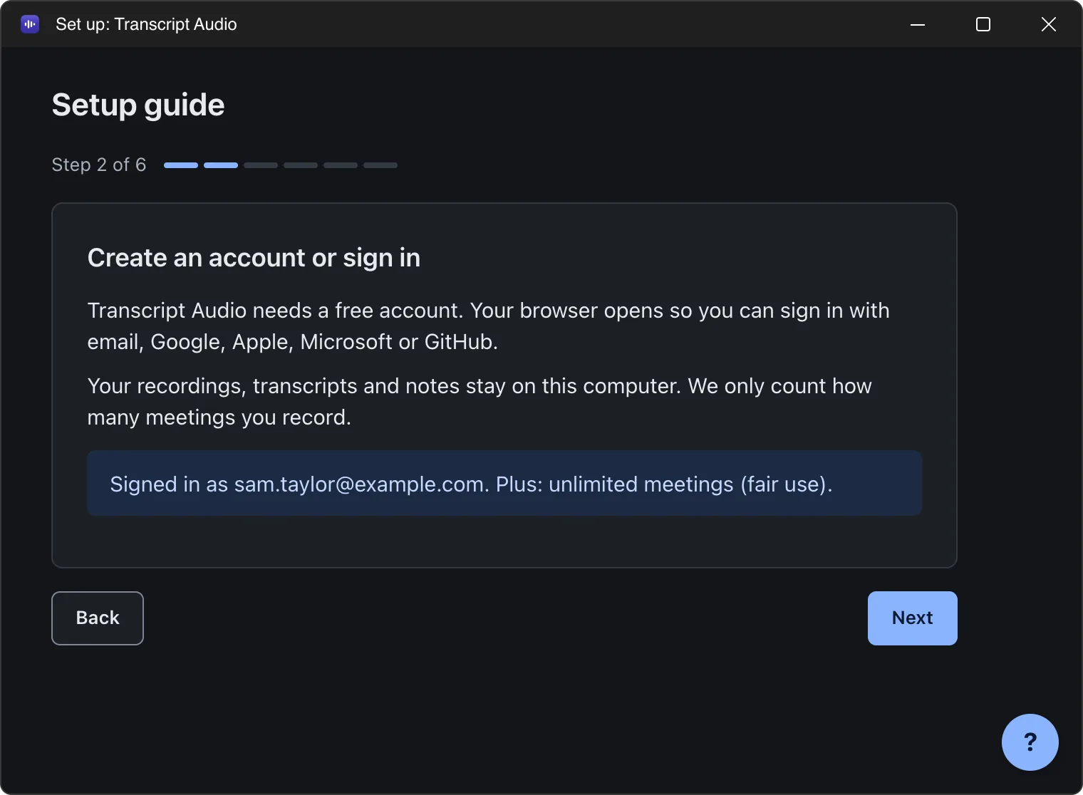 Setup guide step 2 of 6, "Create an account or sign in", after signing in: a box says "Signed in as" with the email address and the plan.