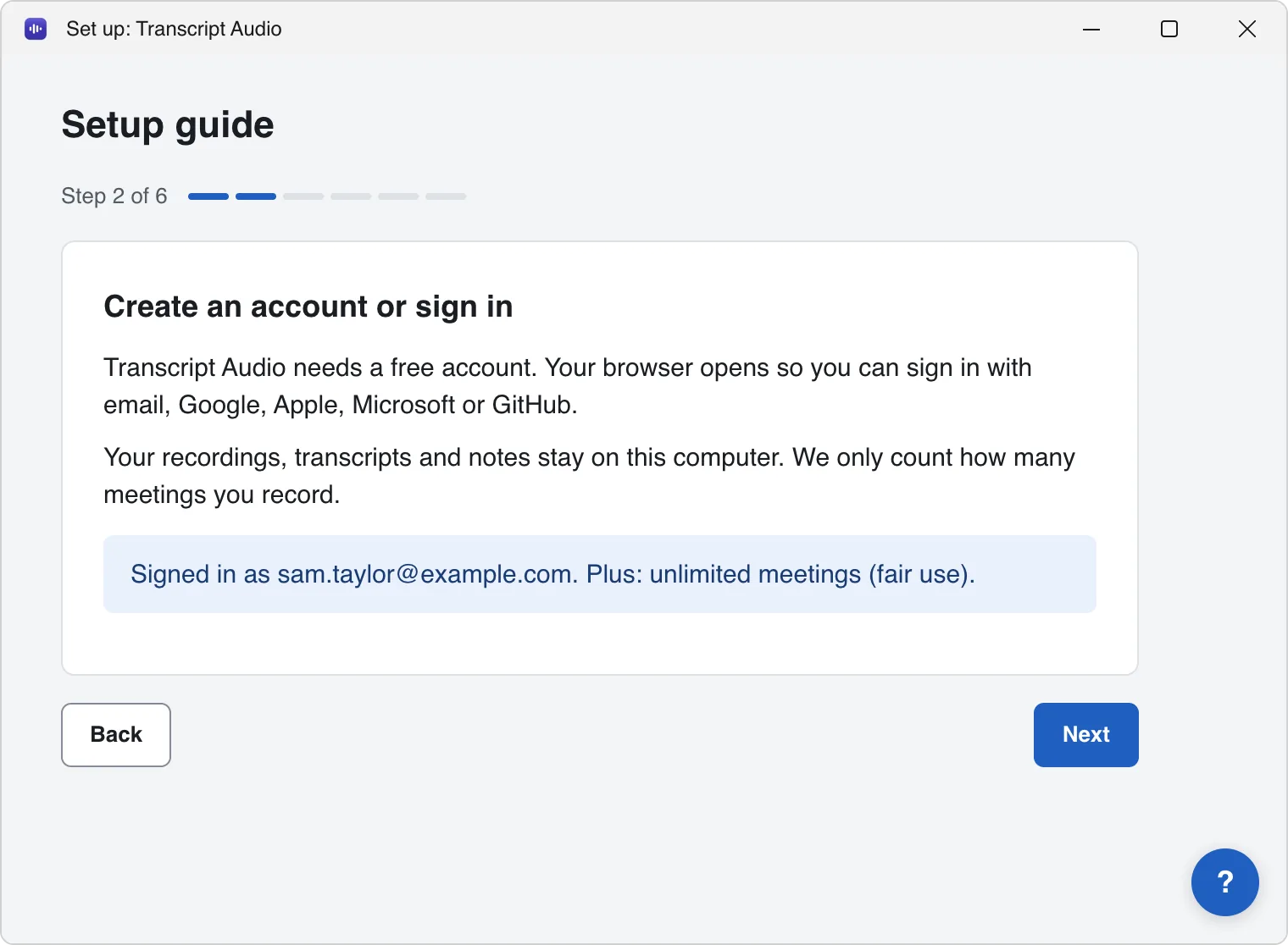 Setup guide step 2 of 6, "Create an account or sign in", after signing in: a box says "Signed in as" with the email address and the plan.