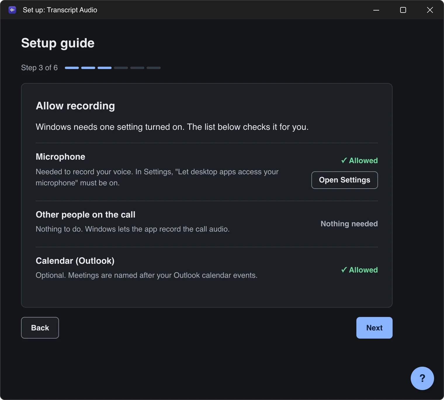 Setup guide step 3 of 6, "Allow recording" on Windows: Microphone (Allowed, with an Open Settings button), Other people on the call (Nothing needed) and Calendar (Outlook).