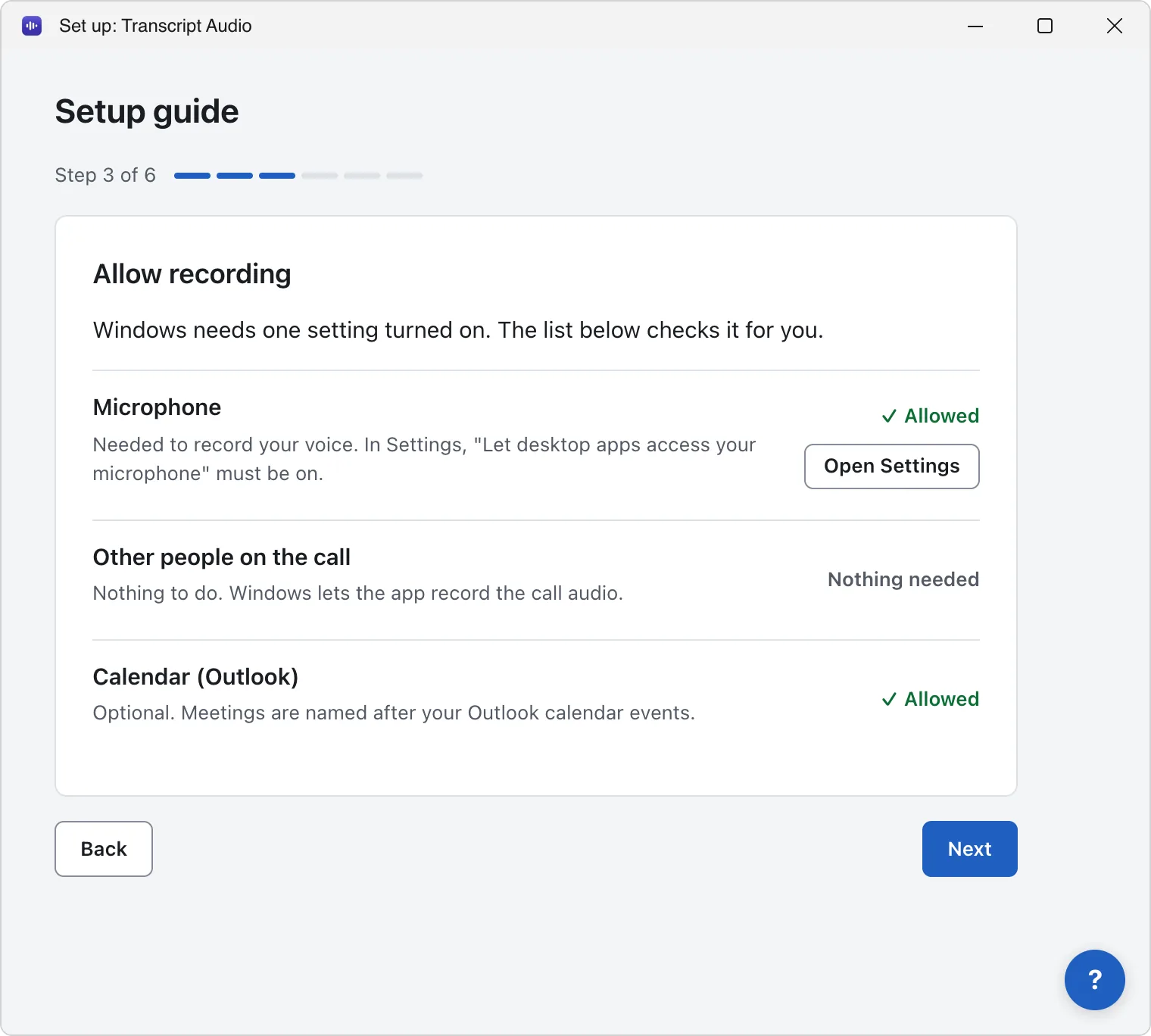 Setup guide step 3 of 6, "Allow recording" on Windows: Microphone (Allowed, with an Open Settings button), Other people on the call (Nothing needed) and Calendar (Outlook).