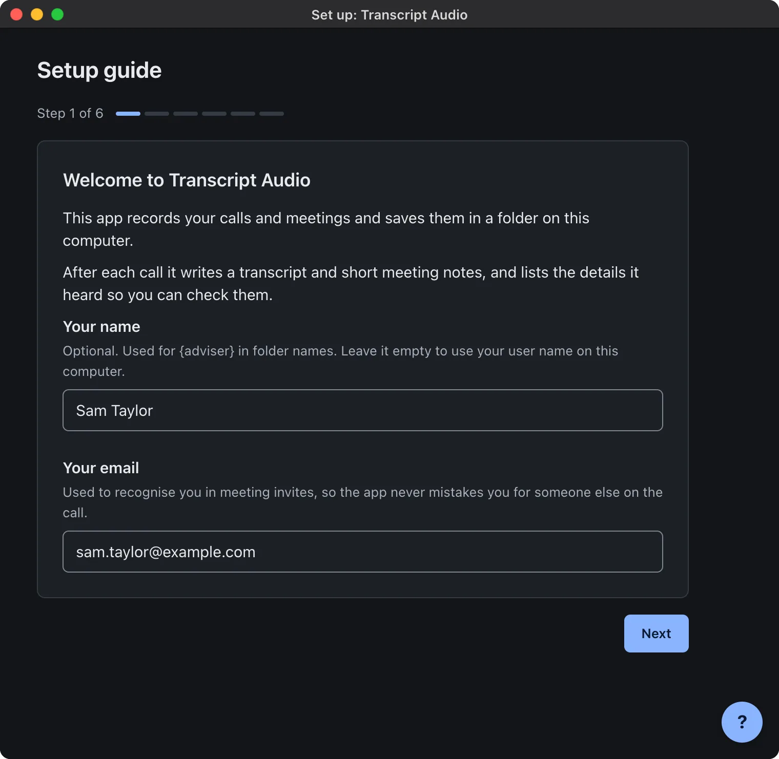 Step 1 of 6 of the Transcript Audio setup guide, "Welcome to Transcript Audio", with boxes for your name and your email and a Next button.
