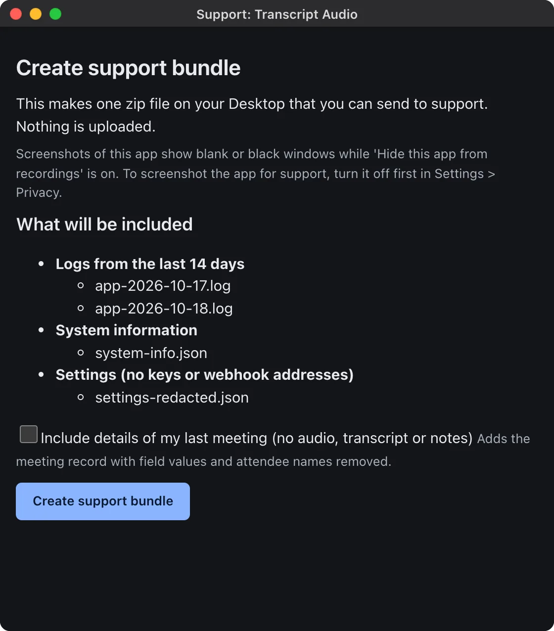 The Create support bundle window: it lists what will be included (logs, system information, settings with no keys), an optional box to include details of the last meeting, and a Create support bundle button.