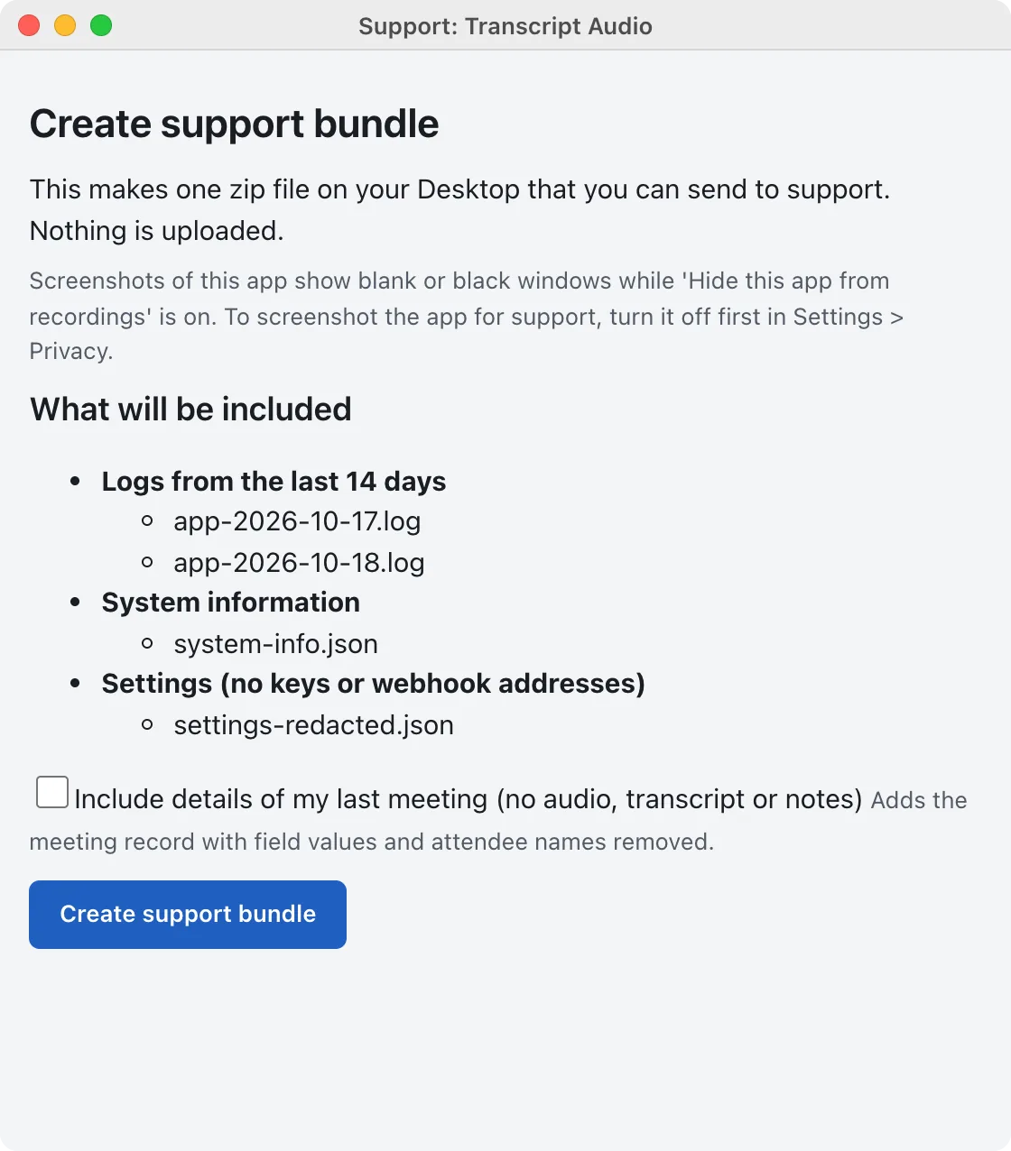 The Create support bundle window: it lists what will be included (logs, system information, settings with no keys), an optional box to include details of the last meeting, and a Create support bundle button.