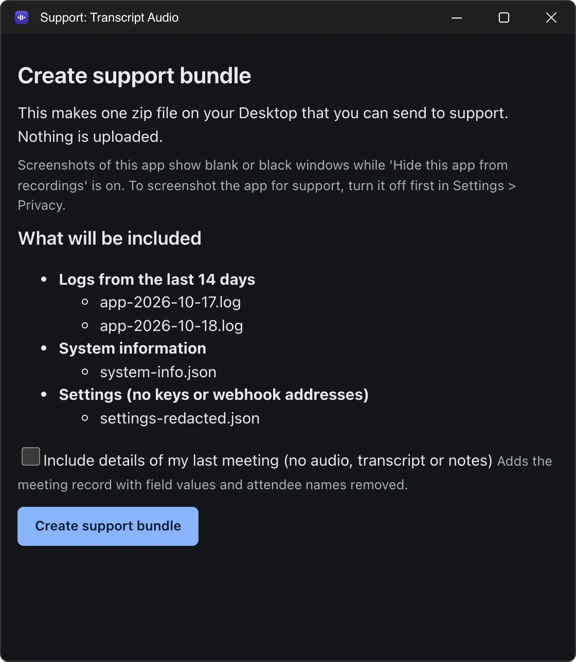 The Create support bundle window: it lists what will be included (logs, system information, settings with no keys), an optional box to include details of the last meeting, and a Create support bundle button.