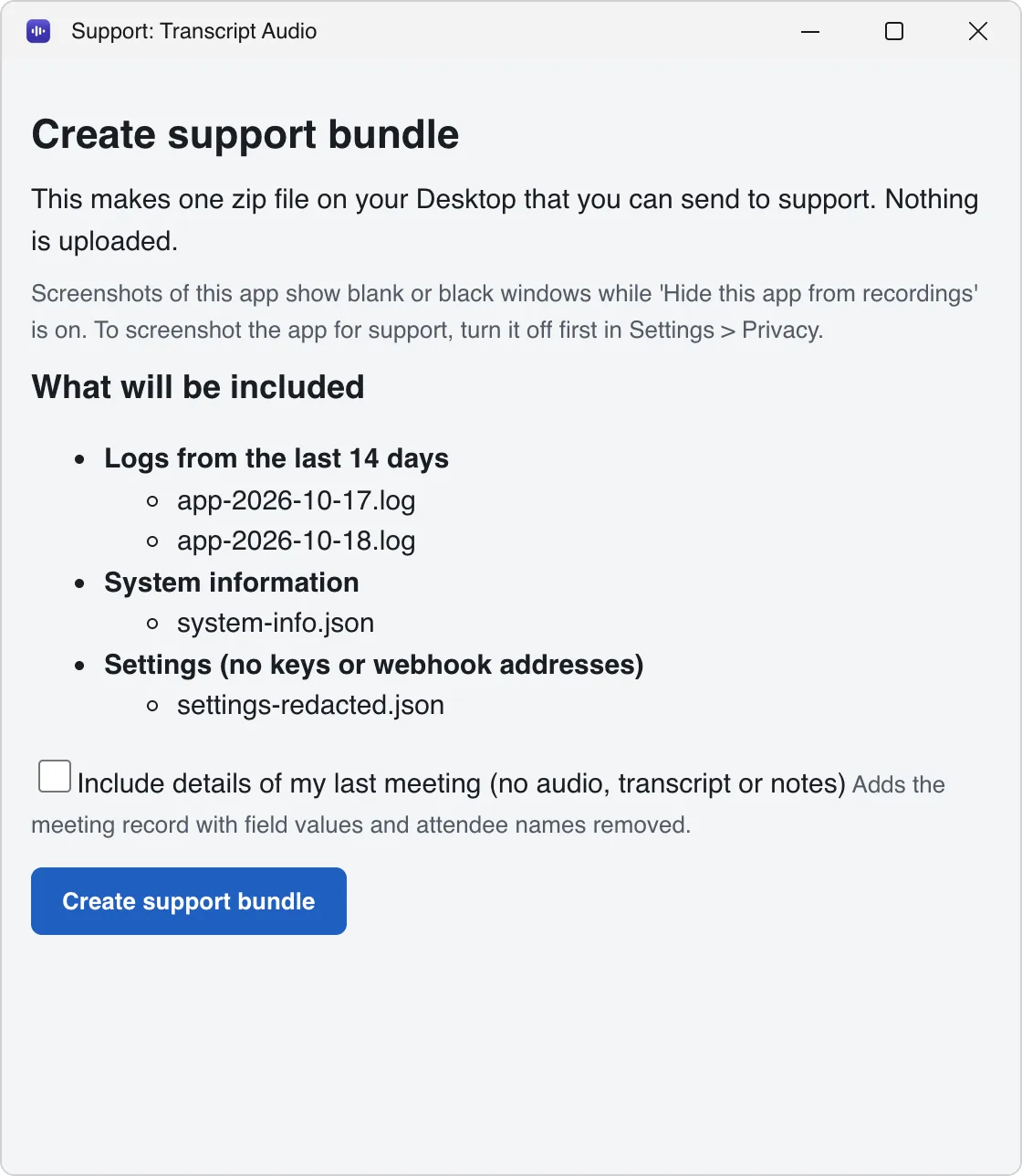 The Create support bundle window: it lists what will be included (logs, system information, settings with no keys), an optional box to include details of the last meeting, and a Create support bundle button.