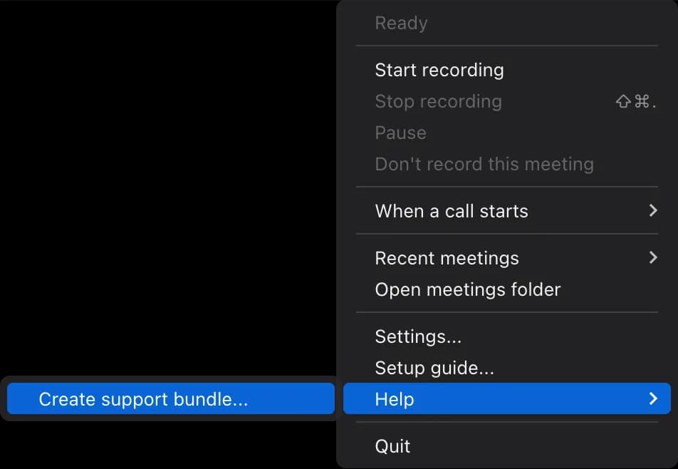 The Transcript Audio menu bar or tray menu with the Help submenu open and Create support bundle highlighted.