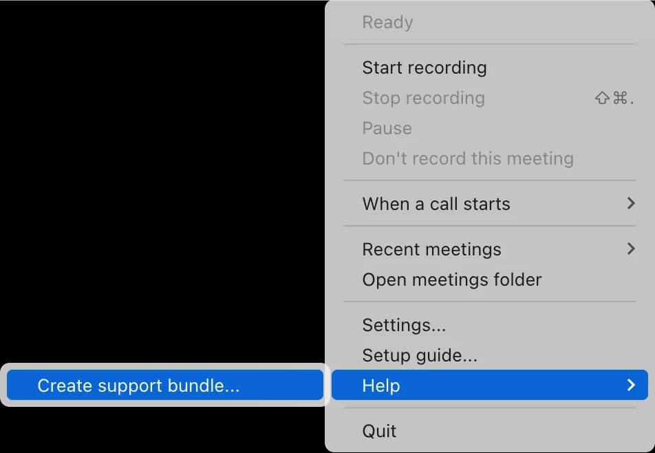The Transcript Audio menu bar or tray menu with the Help submenu open and Create support bundle highlighted.