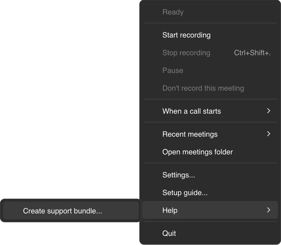 The Transcript Audio menu bar or tray menu with the Help submenu open and Create support bundle highlighted.