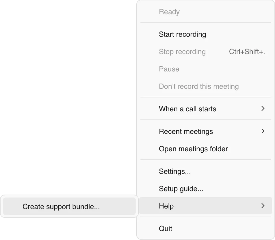The Transcript Audio menu bar or tray menu with the Help submenu open and Create support bundle highlighted.
