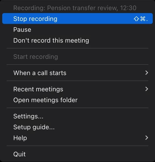 The Transcript Audio menu while a meeting records: the first line names the meeting and the time so far, with Stop recording (and its keyboard shortcut), Pause and Don't record this meeting.