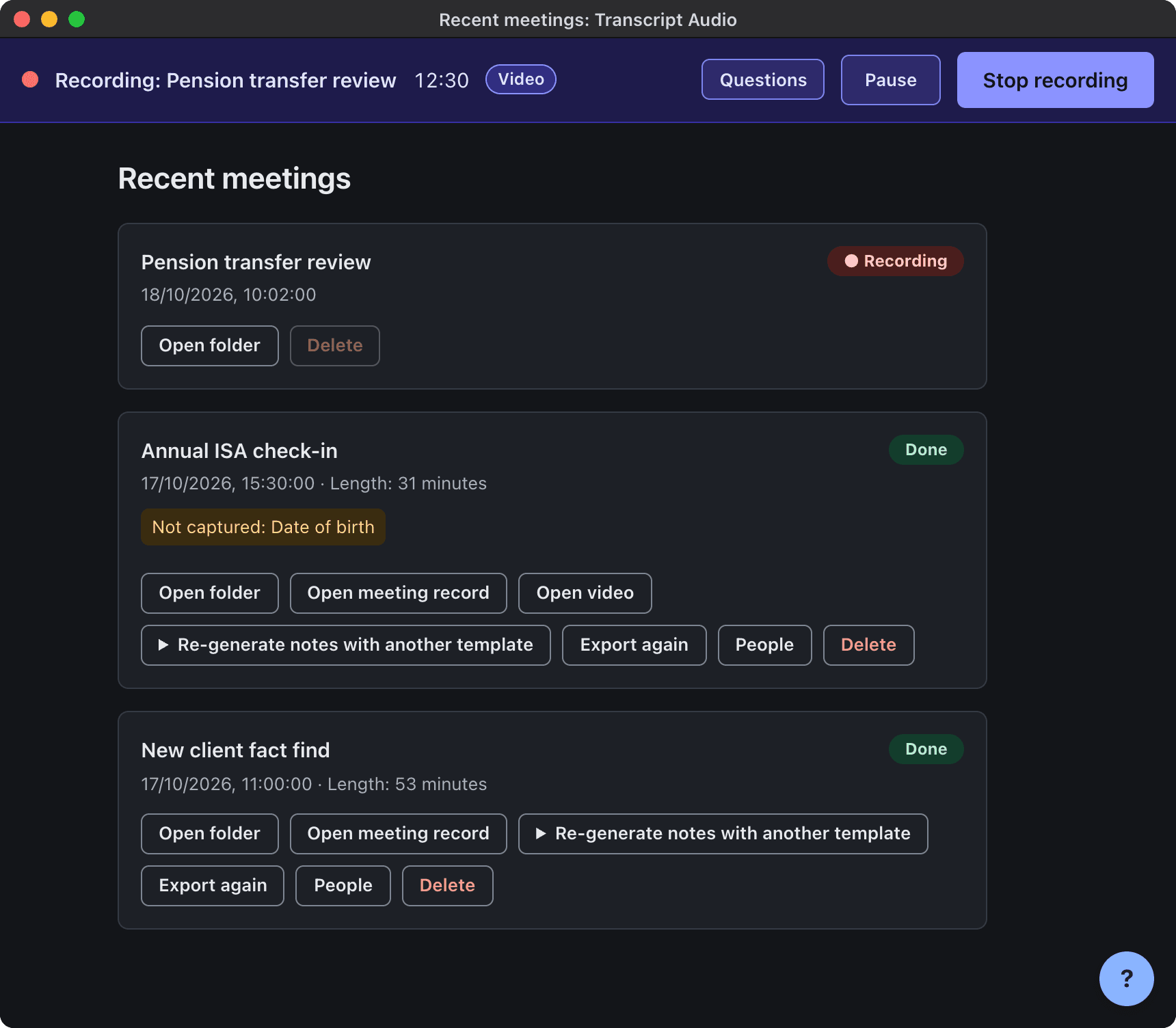 The Transcript.audio window during a call: a purple bar with a red dot shows "Recording: Pension transfer review", above a list of recent meetings marked Recording or Done.