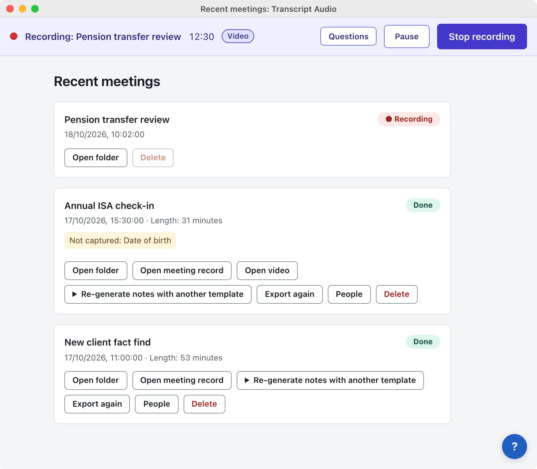 The Transcript.audio window during a call: a purple bar with a red dot shows "Recording: Pension transfer review", above a list of recent meetings marked Recording or Done.
