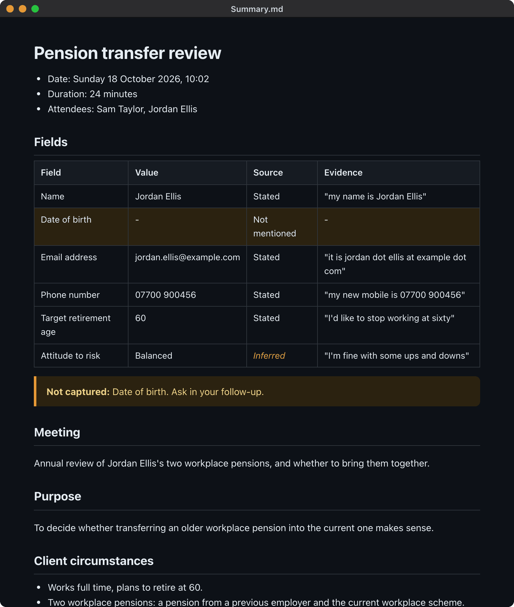Meeting notes for a pension transfer review: date, length and attendees, a table of the details captured with the words they came from, a reminder of what was not captured, then the meeting summary.
