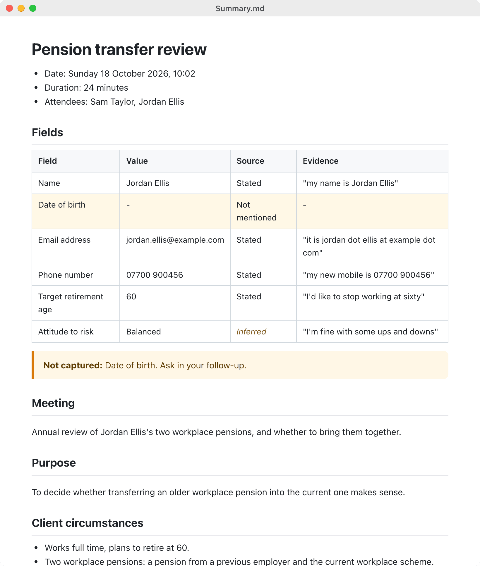 Meeting notes for a pension transfer review: date, length and attendees, a table of the details captured with the words they came from, a reminder of what was not captured, then the meeting summary.