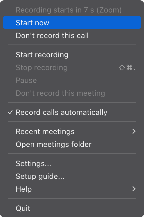 The menu bar menu after a Zoom call is detected: "Recording starts in 7 s (Zoom)" with options to start now or not record this call.