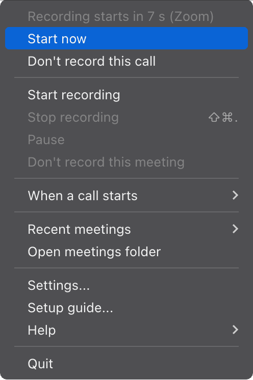 The menu bar menu after a Zoom call is detected: "Recording starts in 7 s (Zoom)" with options to start now or not record this call, and a "When a call starts" submenu.