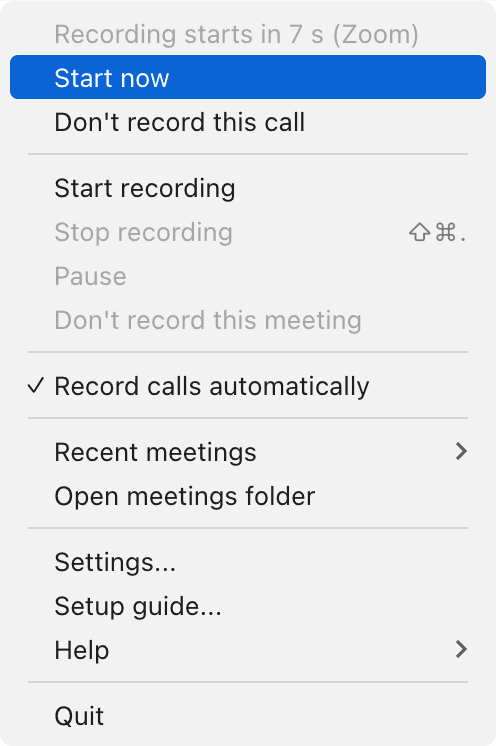 The menu bar menu after a Zoom call is detected: "Recording starts in 7 s (Zoom)" with options to start now or not record this call.